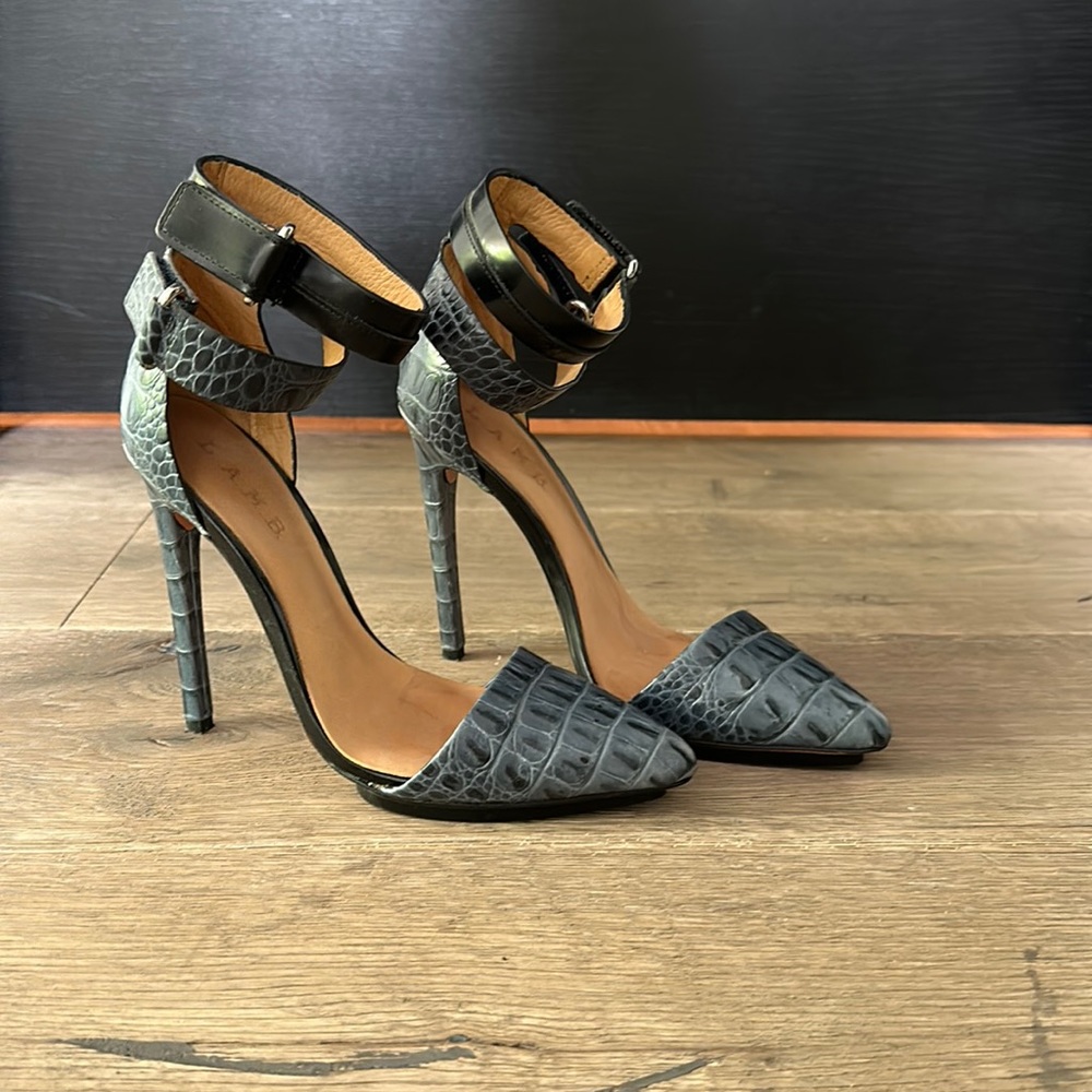 L.A.M.B. Snake embossed leather heels. Blue and Black. 4" heel.